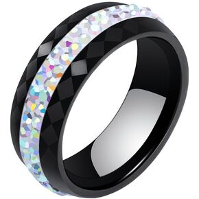 Unisex Ceramic 8mm Personality Simple Multi-Faceted Rhombic Cut 2 Lines Rows Crystal Zircon Inlay Ring Eternity Wedding Band