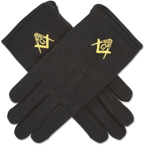 Square & Compass Masonic Embroidered Cotton Gloves - [Black]