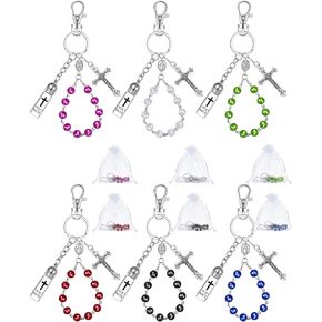 6 Pcs Holy Water Keychain with Bead Rosary Medal Crucifix Empty Glass Containers Holy Water Bottles with Eyedropper for Catholic Christian First Communion Gift Baptism Party (Multi Color)