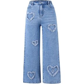 Verdusa Girl's Elastic Waist Raw Trim Denim Pants Wide Leg Jeans with Pocket