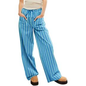 Women Wide Leg Striped Pants Cotton Casual Comfy Loose Lounge Drawstring Palazzo Trousers with Pockets