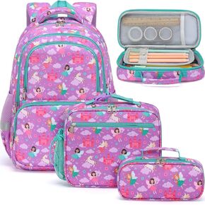 Fimibuke Kids Backpack for School Girls - 3PCS Waterproof Toddler School Bag Cute Bookbag Set with Lunch Box & Pencil Case for Preschool Kindergarten Elementary School Student Ages 3-12, Mermaid