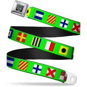Buckle-Down Seatbelt Belt - Nautical Flags Green/Multi Color - 1.0" Wide - 20-36 Inches in Length