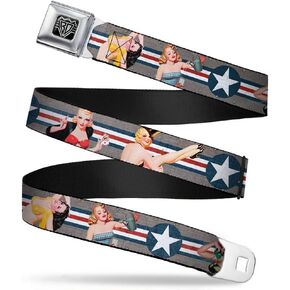 Buckle-Down Seatbelt Belt - Pin Up Girl Poses C/U Star & Stripes Gray/Blue/White/Red - 1.0" Wide - 20-36 Inches in Length