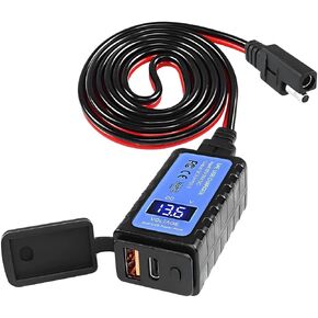 4.8A Motorcycle Phone Charger, Vehicle Waterproof Dual USB Quick Charge QC3.0 PD3.0 USB Charger SAE to USB Adapter with Voltmeter ON/Off Switch, Universal for Phone Tablet GPS & More