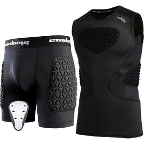 COOLOMG Youth Boys Chest Rib Protector + Boys Sliding Shorts with Cup, Black XL