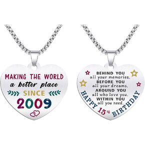 15th Birthday Gifts for Girls - Born In 2009 Birthday Gifts - Engraved Stainless Steel Heart Pendant Necklace - 15 Year Old Girls Birthday Gift