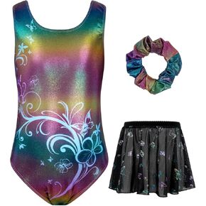 JiAmy Girls Gymnastics Leotards, Glitter Ballet Unitards Dance Biketards with Skirt & Hairband for Kids 3-12 Years