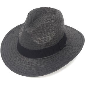 Unisex Straw Panama Fedora Hats Wide Brim Sun Beach Hat UPF 50+, Foldable & Lightweight
