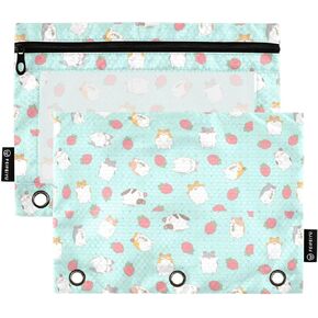 Binder Pouches,Cute Hamsters Strawberry Mint Green Binder Pencil Pouch for 3 Ring Cartoon Polka Dot 2 Pack Binder Pencil Pouch with Clear Window Pencil Bags with Zipper for School Office Supplies