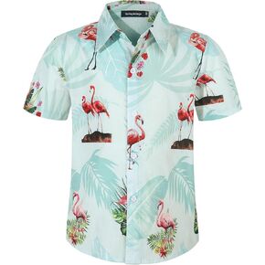 قميص هاواي بأكمام قصيرة للأولاد من Spring&Gege، قمصان صيفية للشاطئ Luau Holiday Aloha بأزرار سفلية (4-14 سنة)