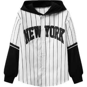 Verdusa Boy's 2 in 1 Color Block Long Sleeve Top Stripe Letter Graphic Print Hooded Button Down Shirt