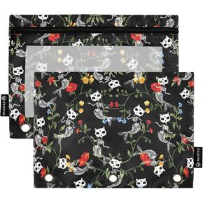 Abstract Gamepad Weapon Gamer Gaming Binder Pouch Zippered Pencil Pouches for 3 Ring Binder, 2 Pack Binder Pockets 3 Holes Pencil Case Bags with Clear Window