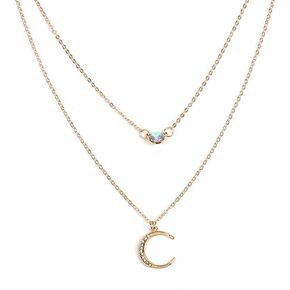 Double Chains Moon and Sunflower Layering Necklace Fashion Clavicle Chain Necklace Gift for Her