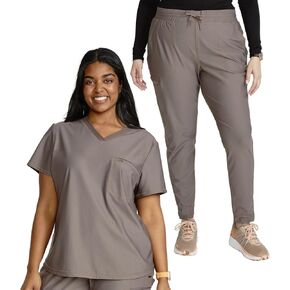 Cherokee Scrub Set for Women, 6 Pockets with Tuckable V-Neck Top CK819 & Mid Rise Tapered Leg Drawstring Scrub Pant - CK095, Iron- M Top/M Pant