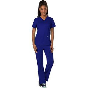 Cherokee Scrub Set For Women Modern Classic Fit 3 Pockets V-Neck Top WW620 with 5 Pockets Moderate Flare Leg Pant WW120, Galaxy Blue - L Top/L Pant