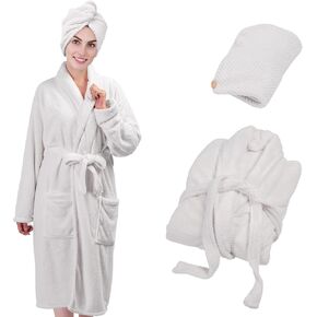Women Microfiber Coral Fleece Full- Length Bathrobe with Hair Towel Wrap, Soft, Absorbent and Warm