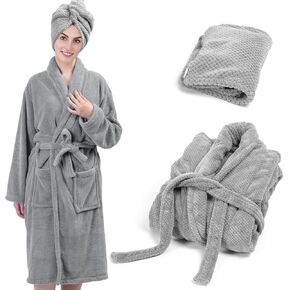 Women Microfiber Coral Fleece Full- Length Bathrobe with Hair Towel Wrap, Soft, Absorbent and Warm