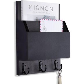 Key and Mail Holder for Wall Mount, Entryway Mail Holder with 2 Slot, Key Holder with 3 Sturdy Hooks for Coat, Dog Leash, Decorative Key Rack (8.86"W x 11.38"H x 3"D) (Brown)