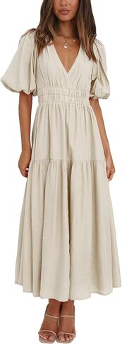 Women's Summer V Neck Short Puff Sleeve A Line Tiered Midi Dress in Saudi Arabia