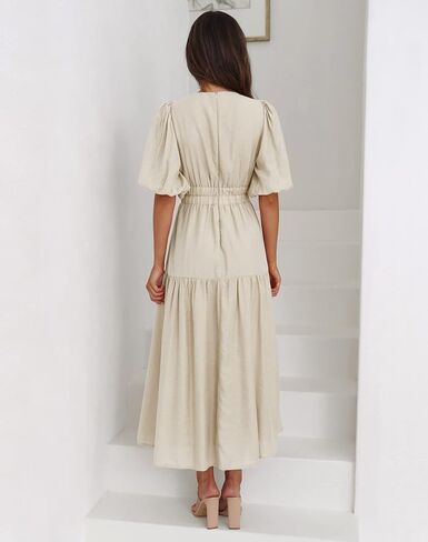 Women's Summer V Neck Short Puff Sleeve A Line Tiered Midi Dress in Saudi Arabia