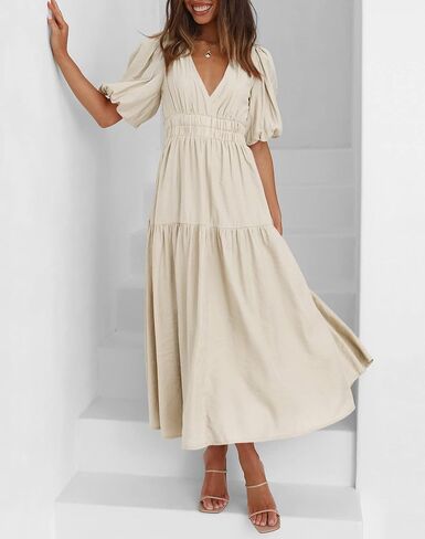 Women's Summer V Neck Short Puff Sleeve A Line Tiered Midi Dress in Saudi Arabia