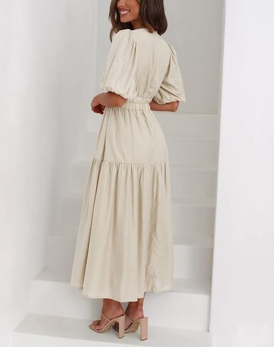 Women's Summer V Neck Short Puff Sleeve A Line Tiered Midi Dress in Saudi Arabia