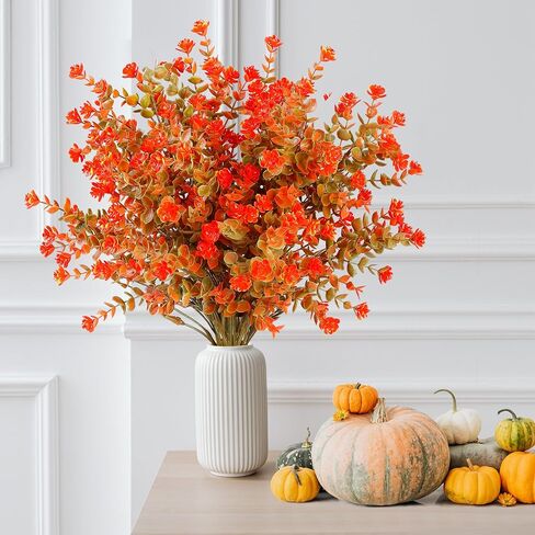 Sggvecsy 12 Bundles Artificial Flower Fall Eucalyptus Plants Fake Bushes Boxwood Shrubs Outdoor Greenery UV Resistant Faux Plastic Plants for Home Garden Indoor Fall Thanksgiving Autumn Decor (Fall) in Saudi Arabia