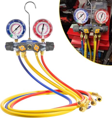 49968 مشعب الشحن ومجموعة اختبار 4 صمامات، مجموعة أدوات قياس مشعب مكيف الهواء، مع مجموعة خرطوم صمام كروي مضغوط 60 بوصة PLUS II 3/8 بوصة × 45 درجة، مقاييس كبيرة 3 1/8 بوصة، لنوع المبرد R-22، آر-404أ، آر-410أ in Kuwait