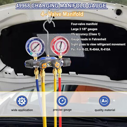 49968 مشعب الشحن ومجموعة اختبار 4 صمامات، مجموعة أدوات قياس مشعب مكيف الهواء، مع مجموعة خرطوم صمام كروي مضغوط 60 بوصة PLUS II 3/8 بوصة × 45 درجة، مقاييس كبيرة 3 1/8 بوصة، لنوع المبرد R-22، آر-404أ، آر-410أ in Kuwait
