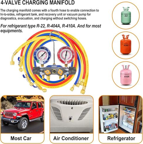 49968 مشعب الشحن ومجموعة اختبار 4 صمامات، مجموعة أدوات قياس مشعب مكيف الهواء، مع مجموعة خرطوم صمام كروي مضغوط 60 بوصة PLUS II 3/8 بوصة × 45 درجة، مقاييس كبيرة 3 1/8 بوصة، لنوع المبرد R-22، آر-404أ، آر-410أ in Kuwait