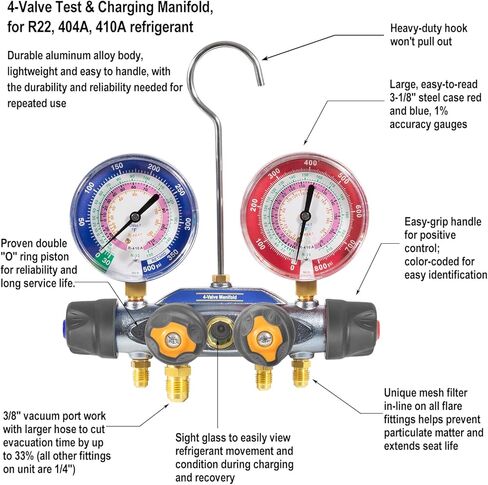 49968 مشعب الشحن ومجموعة اختبار 4 صمامات، مجموعة أدوات قياس مشعب مكيف الهواء، مع مجموعة خرطوم صمام كروي مضغوط 60 بوصة PLUS II 3/8 بوصة × 45 درجة، مقاييس كبيرة 3 1/8 بوصة، لنوع المبرد R-22، آر-404أ، آر-410أ in Kuwait