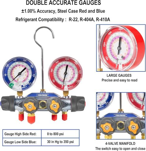 49968 مشعب الشحن ومجموعة اختبار 4 صمامات، مجموعة أدوات قياس مشعب مكيف الهواء، مع مجموعة خرطوم صمام كروي مضغوط 60 بوصة PLUS II 3/8 بوصة × 45 درجة، مقاييس كبيرة 3 1/8 بوصة، لنوع المبرد R-22، آر-404أ، آر-410أ in Kuwait