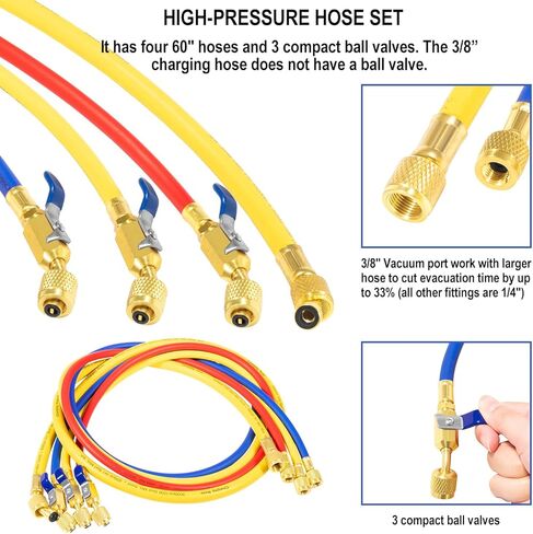 49968 مشعب الشحن ومجموعة اختبار 4 صمامات، مجموعة أدوات قياس مشعب مكيف الهواء، مع مجموعة خرطوم صمام كروي مضغوط 60 بوصة PLUS II 3/8 بوصة × 45 درجة، مقاييس كبيرة 3 1/8 بوصة، لنوع المبرد R-22، آر-404أ، آر-410أ in Kuwait