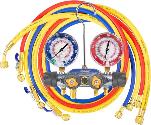 49968 مشعب الشحن ومجموعة اختبار 4 صمامات، مجموعة أدوات قياس مشعب مكيف الهواء، مع مجموعة خرطوم صمام كروي مضغوط 60 بوصة PLUS II 3/8 بوصة × 45 درجة، مقاييس كبيرة 3 1/8 بوصة، لنوع المبرد R-22، آر-404أ، آر-410أ in Kuwait