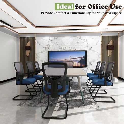 Premium Office Guest Chair with One-Piece Welded Sled Base,Mesh Desk Chair No Wheels with Arms, Waiting Room Reception Chairs for Home and Meeting Conference, Protect Carpeted Floors, Blue in Saudi Arabia