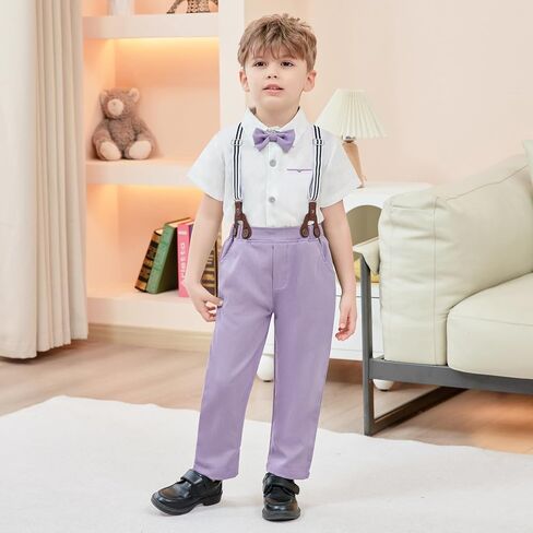 SANMIO Boy Suits Colorful Wedding Outfits Short Sleeve Shirt+Bow Tie+Suspender Pants 6-10Y Teen Boys Dresswear Clothes in Saudi Arabia