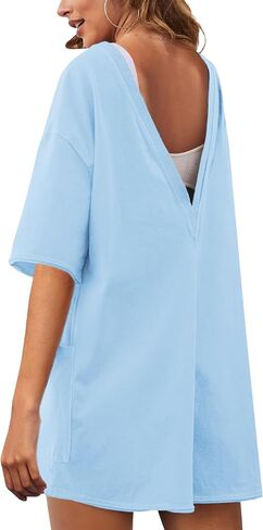 Women's Reversible Hot Shot Tee Romper Casual Oversized Onesie Backless Loose Jumpsuit with Pockets in Saudi Arabia