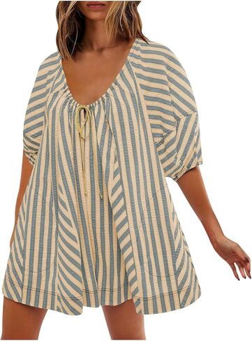Women Striped Romper Summer Casual Scoop Neck Tie Up Puff Sleeve Oversized Jumpsuit Beach Outfits with Pockets in Saudi Arabia