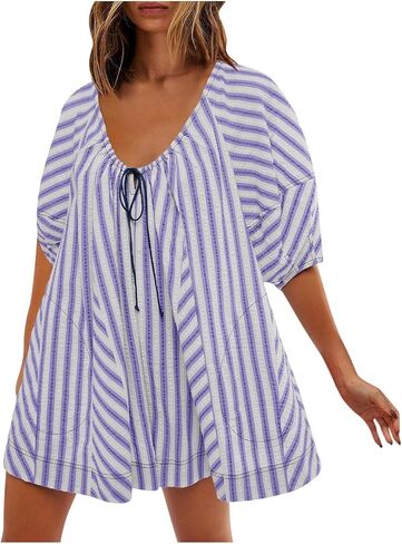 Women Striped Romper Summer Casual Scoop Neck Tie Up Puff Sleeve Oversized Jumpsuit Beach Outfits with Pockets in Saudi Arabia
