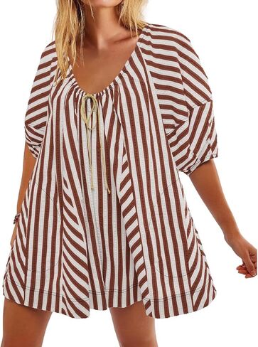 Women Striped Romper Summer Casual Scoop Neck Tie Up Puff Sleeve Oversized Jumpsuit Beach Outfits with Pockets in Saudi Arabia