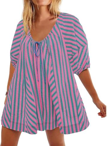 Women Striped Romper Summer Casual Scoop Neck Tie Up Puff Sleeve Oversized Jumpsuit Beach Outfits with Pockets in Saudi Arabia