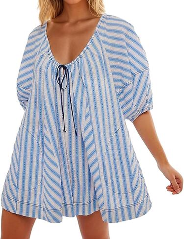 Women Striped Romper Summer Casual Scoop Neck Tie Up Puff Sleeve Oversized Jumpsuit Beach Outfits with Pockets in Saudi Arabia