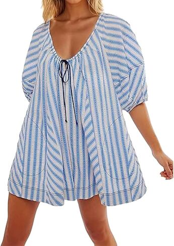 Women Striped Romper Summer Casual Scoop Neck Tie Up Puff Sleeve Oversized Jumpsuit Beach Outfits with Pockets in Saudi Arabia
