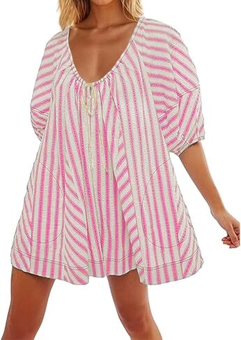 Women Striped Romper Summer Casual Scoop Neck Tie Up Puff Sleeve Oversized Jumpsuit Beach Outfits with Pockets in Saudi Arabia