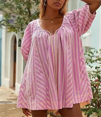 Women Striped Romper Summer Casual Scoop Neck Tie Up Puff Sleeve Oversized Jumpsuit Beach Outfits with Pockets in Saudi Arabia
