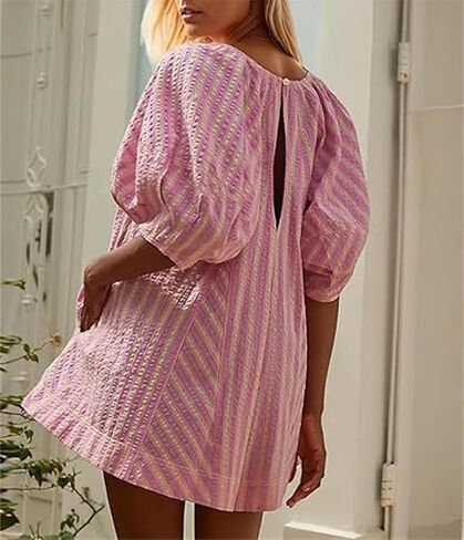 Women Striped Romper Summer Casual Scoop Neck Tie Up Puff Sleeve Oversized Jumpsuit Beach Outfits with Pockets in Saudi Arabia