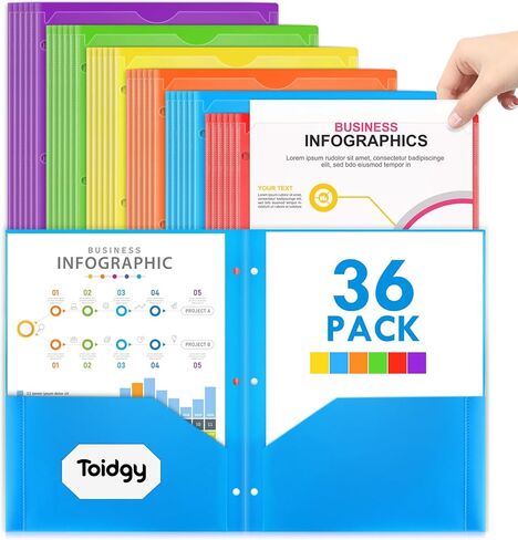 36 حزمة من مجلدي الجيب مع جيب أمامي شفاف و3 فتحات ثقب، مجلد بلاستيكي لـ 3 مجلدات حلقية، مجموعة مجلدات شديدة التحمل للورق بحجم الحروف، مجلدات متعددة الألوان للوازم المدرسة والمكتب in Kuwait