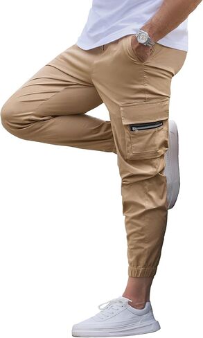 Mens Cargo Jogger Pants Elastic Waist Drawstring Slim Fit with Zipper Pockets Cotton Pants for Men in Saudi Arabia