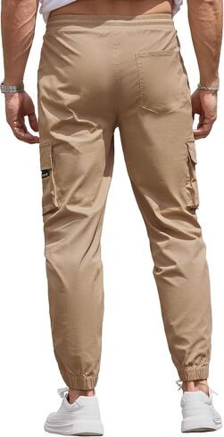 Mens Cargo Jogger Pants Elastic Waist Drawstring Slim Fit with Zipper Pockets Cotton Pants for Men in Saudi Arabia
